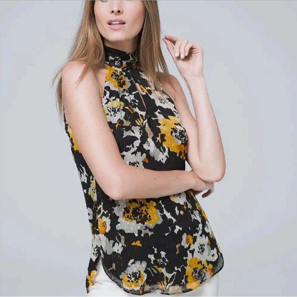 🎤 White House Black Market High Neck Halter Tunic Floral Blouse Sz 10